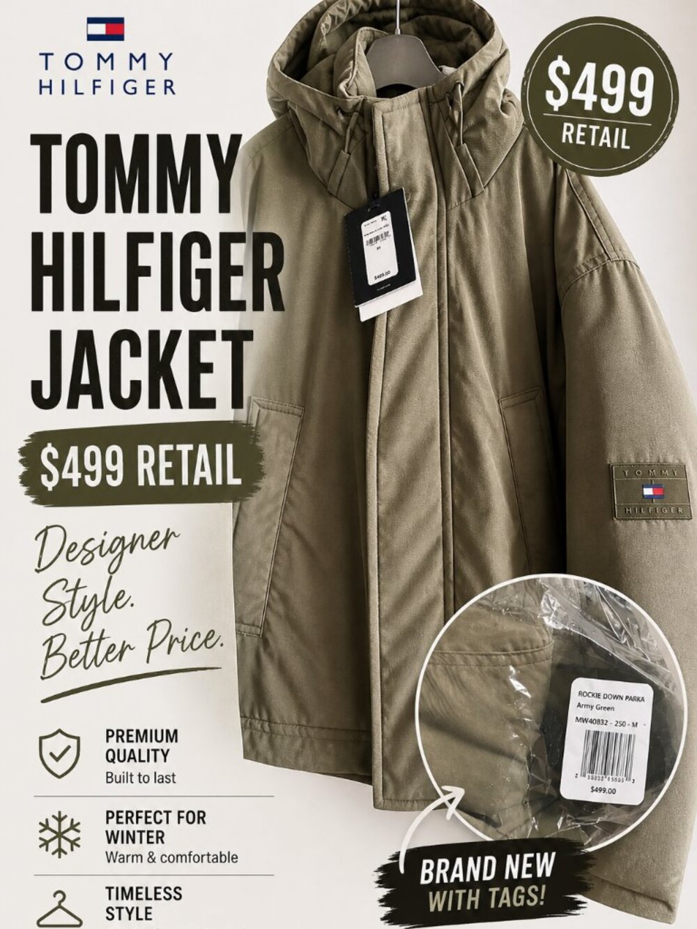 Tommy Hilfiger  New York Rockie Down Parka Army Green Medium NWT